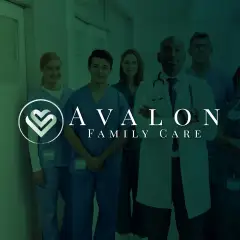 Avalon Family Care logo in white over a green-tinted photo of a smiling medical team