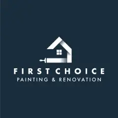 First Choice Painting and Renovation logo in white on navy, a house outline drawn by a paintbrush stroke