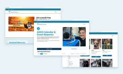 Greater Huntsville Humane Society website pages: ADOPTober home page, Calendar and Event Requests page, and adoptable pets listing