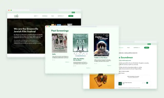 Greenville Jewish Film Festival website: homepage mission with a poster wall, the All Films past screenings grid and The Soundman event page