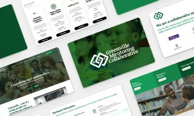 Greenville Mentoring Collaborative website pages: partner program cards, Transforming Communities hero and donate and mentor calls