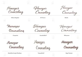 Henegar Counseling script wordmark explored in nine fonts, including Allura, Al Fresco and Sign Painter