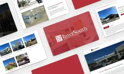 InterSouth Properties website pages: Huntsville office space hero, property photo grid, listing details and leasing info