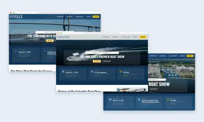 Charleston, Columbia and Savannah Boat Show home pages, each with a photo hero and show dates, location and ticket panels