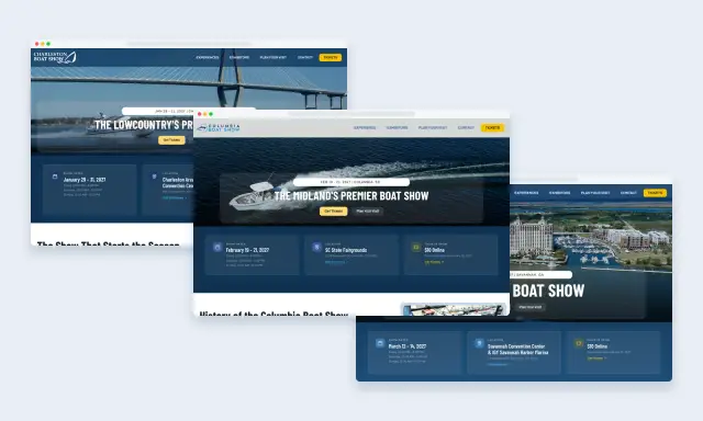 Charleston, Columbia and Savannah Boat Show home pages, each with a photo hero and show dates, location and ticket panels