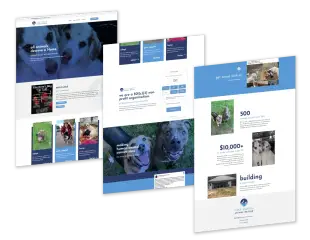 Lake Martin Animal Rescue website pages: adoption hero, FurBall event, donation form, rescue stats and facility update