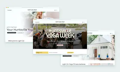Light on Yoga Fitness 2026 website pages: Your Huntsville Yoga Studio homepage, Huntsville Yoga Week landing page and Our Studio page