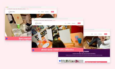 Refreshed Many Colors Arts Collective website: home, About and Programs pages with the hiring banner and Give button in the header