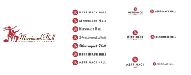Previous logo: Merrimack Hall script dancers mark beside new red badge logo options in several typefaces