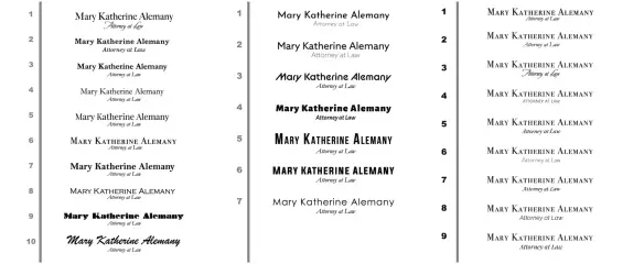 Mary Katherine Alemany Attorney at Law wordmark explored in 26 numbered serif and sans serif type options