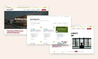 Not One More Alabama website pages: the Building Hope Together capital campaign, the Upcoming Events grid and the Get Help page