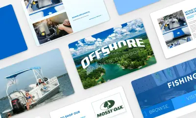 Offshore Marine and Outdoors website pages: aerial lake hero, marine mechanical, pontoon boat, Mossy Oak and fishing sections
