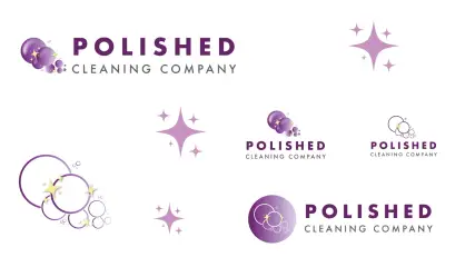 Polished Cleaning Company logo refinements with purple bubbles, sparkle icons and horizontal and stacked lockups