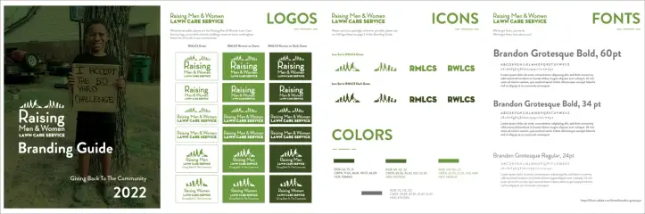 Raising Men and Women Lawn Care branding guide spreads: cover, logo variations, icons, green palette and Brandon Grotesque type