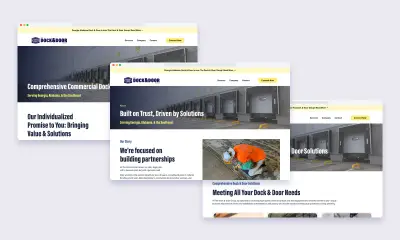 The Dock & Door Group website pages: home, About and Services, each under a banner announcing the new name