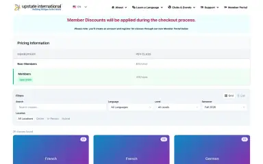 UI Engine class registration widget on the Upstate International website, with member pricing, class filters and language class cards
