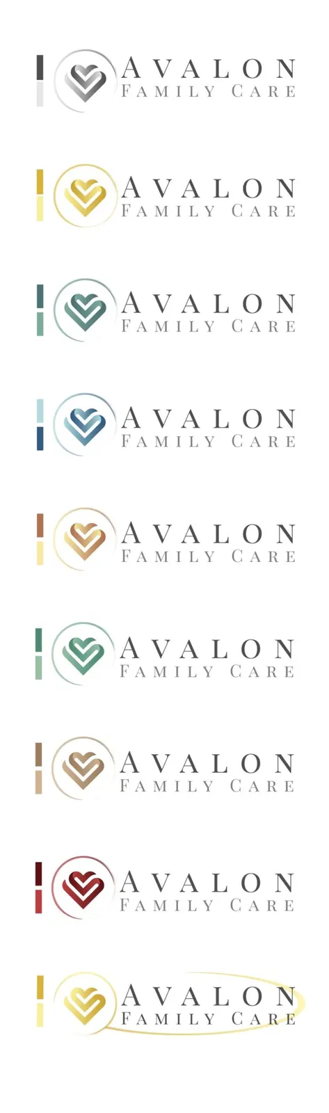 Avalon Family Care heart logo tested in nine color pairings, from gray and gold to teal, blue and red