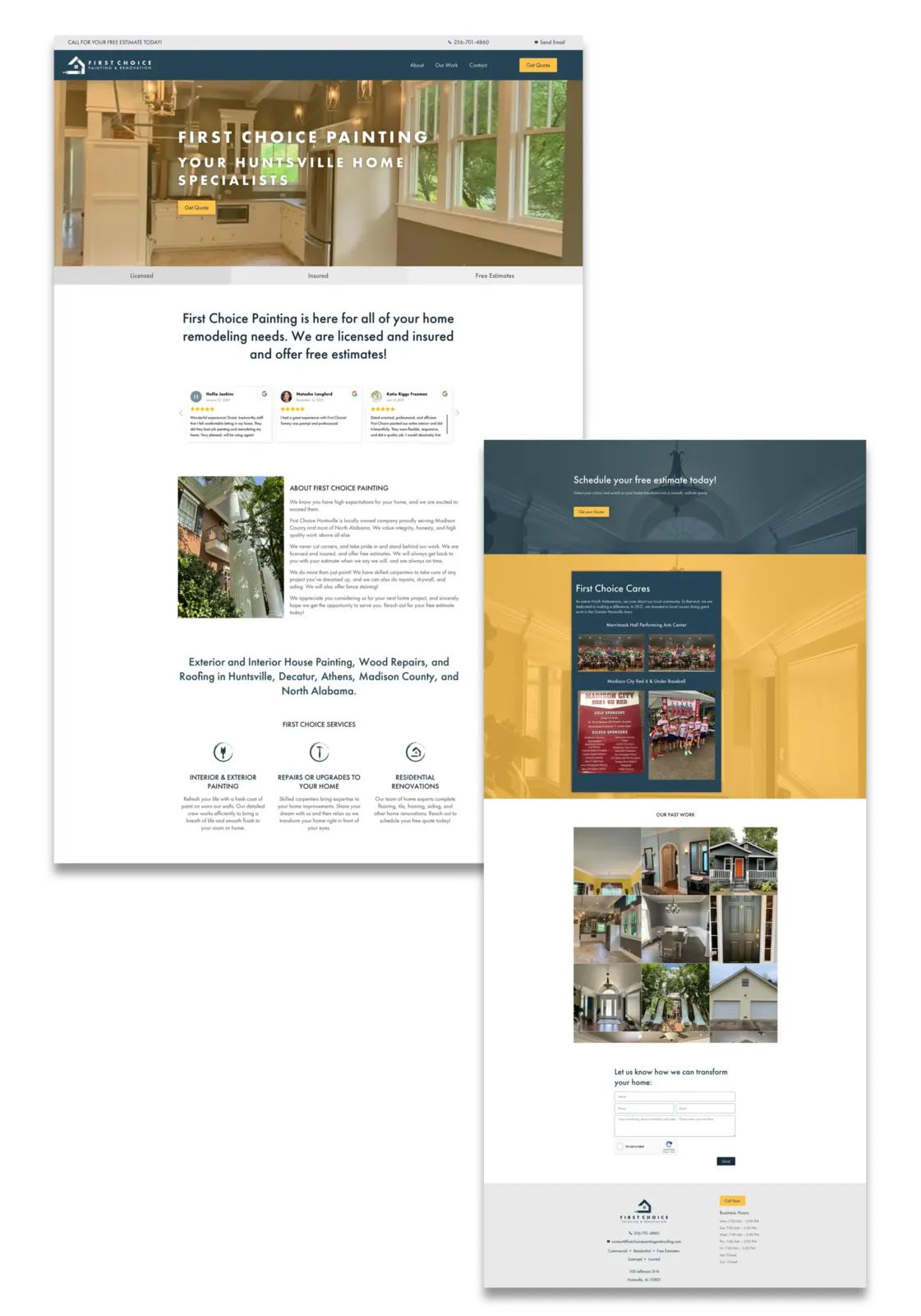 First Choice Painting website: Huntsville Home Specialists hero, reviews, services, past work grid and estimate form