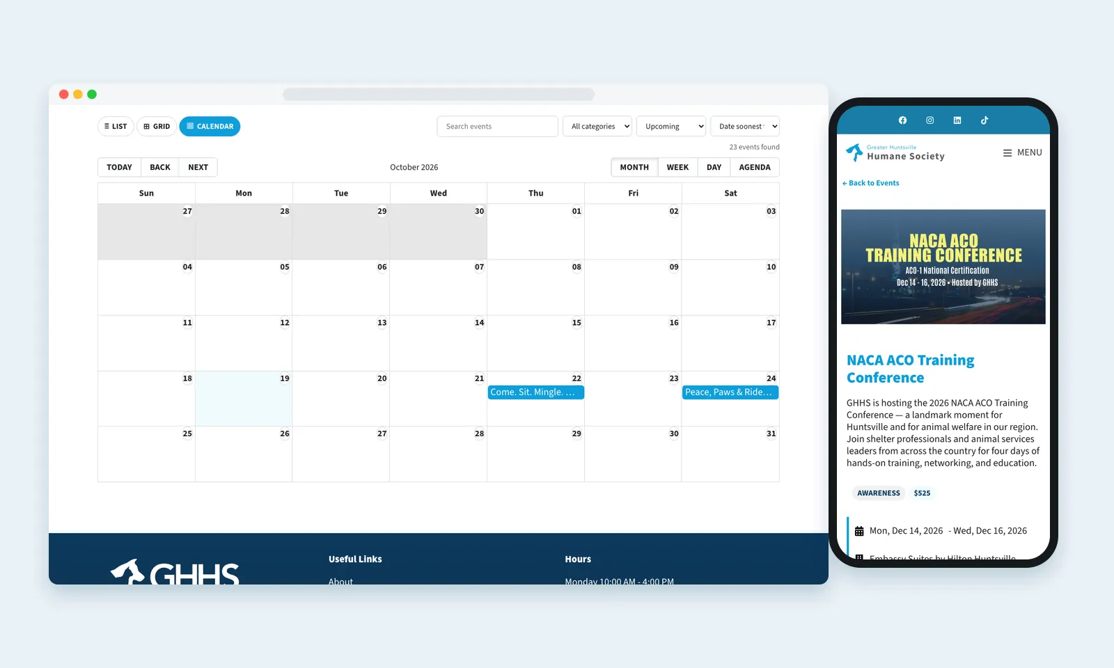 GHHS events app in month calendar view on desktop beside a phone showing the NACA ACO Training Conference event page
