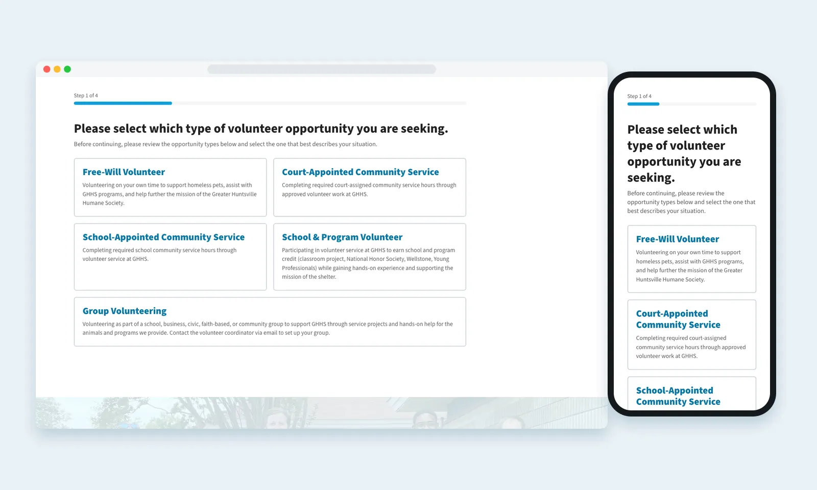 GHHS volunteer application step 1 of 4 on desktop and phone, with free-will, court-appointed, school-appointed, school and program, and group options