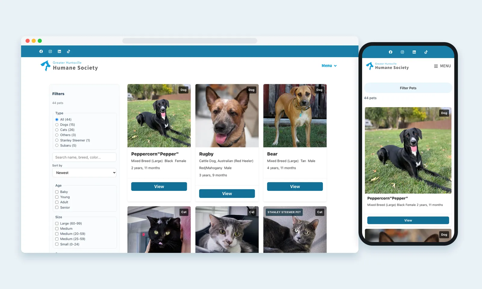GHHS adoptable pets listing on desktop and phone, with type, age and size filters beside photo cards for dogs and cats