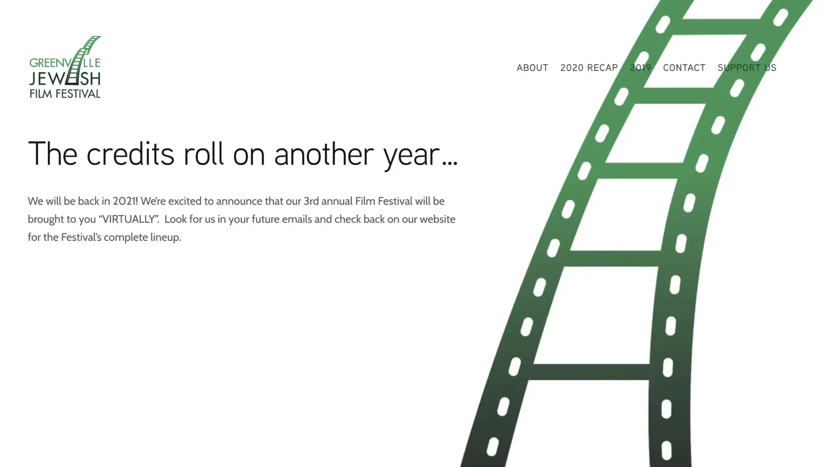 Previous website: Greenville Jewish Film Festival page reading The credits roll on another year, with a green film strip graphic
