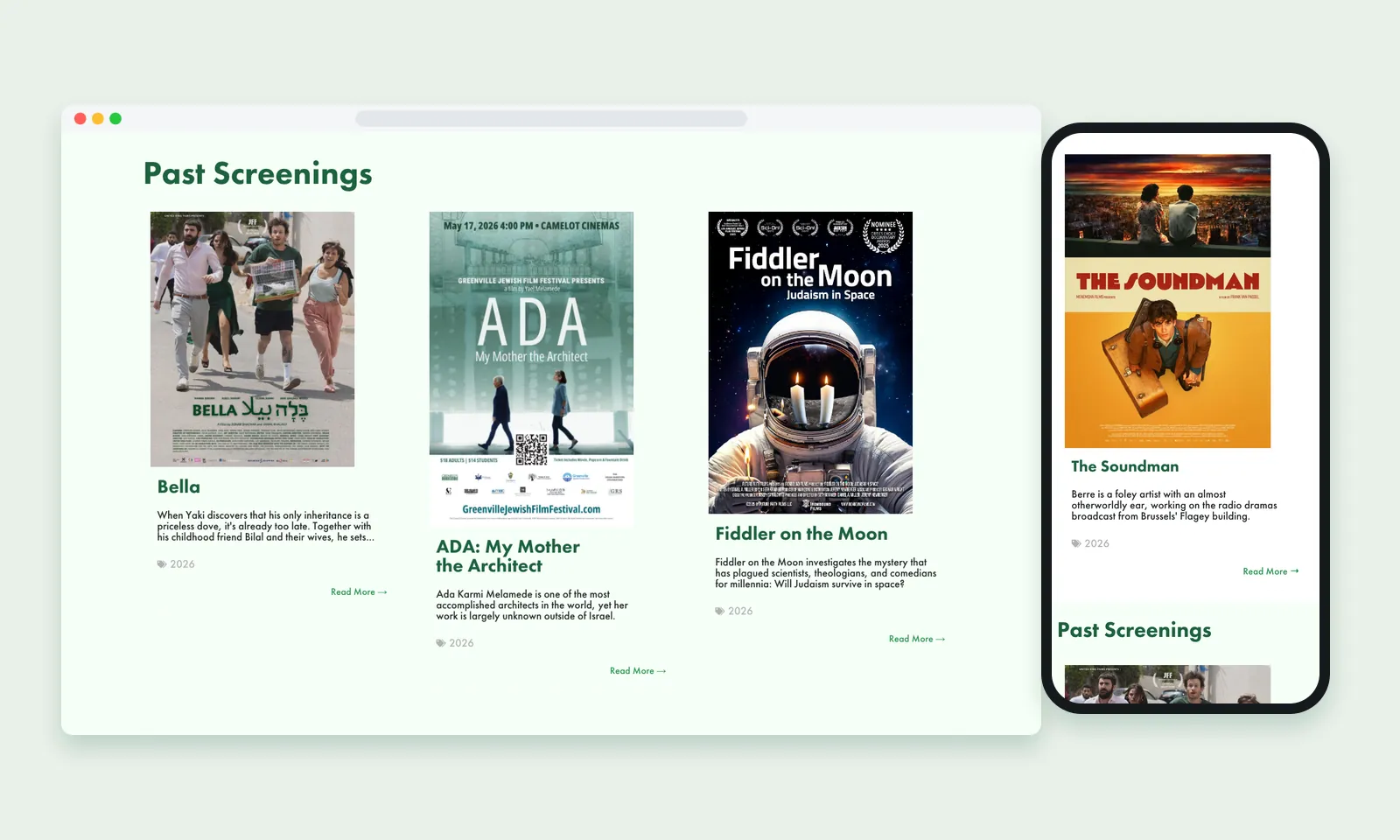 All Films page with Bella, Ada and Fiddler on the Moon under Past Screenings, beside a phone showing The Soundman as the upcoming screening