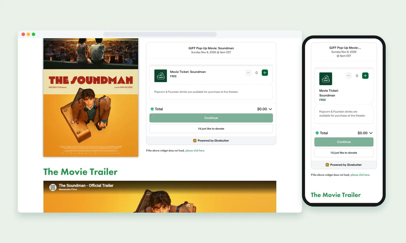 The Soundman page with its poster and an embedded Givebutter ticket checkout for the November 8, 2026 screening, on desktop and phone