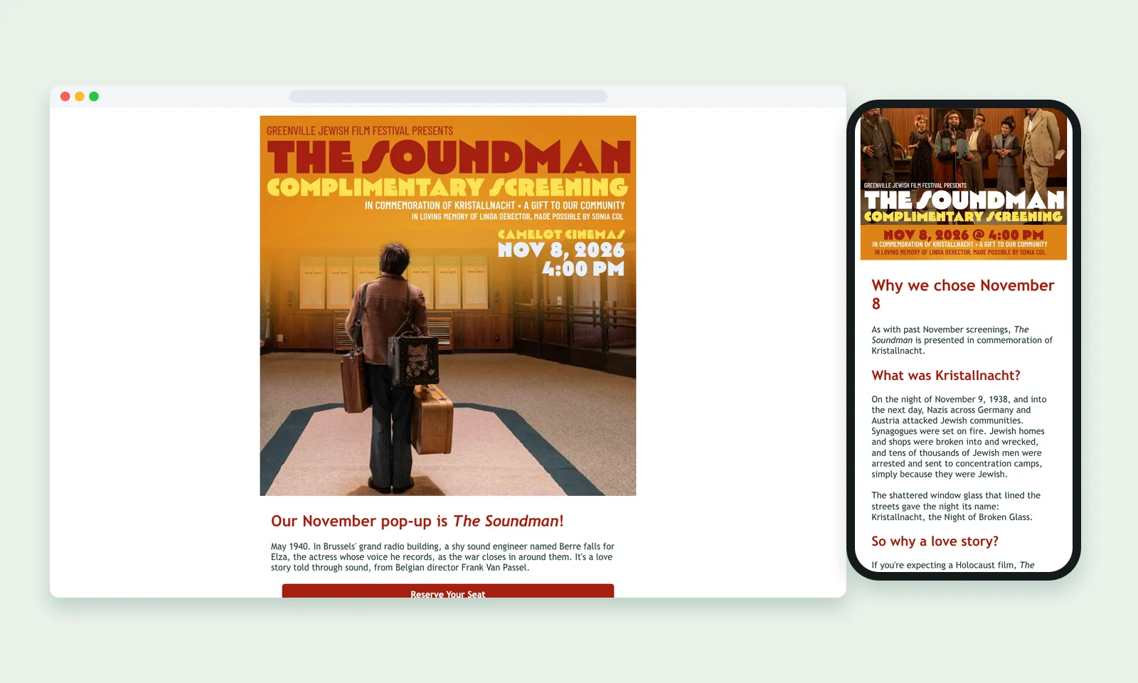 Two sent Constant Contact emails for The Soundman: the November pop-up announcement and Why we chose November 8 on a phone