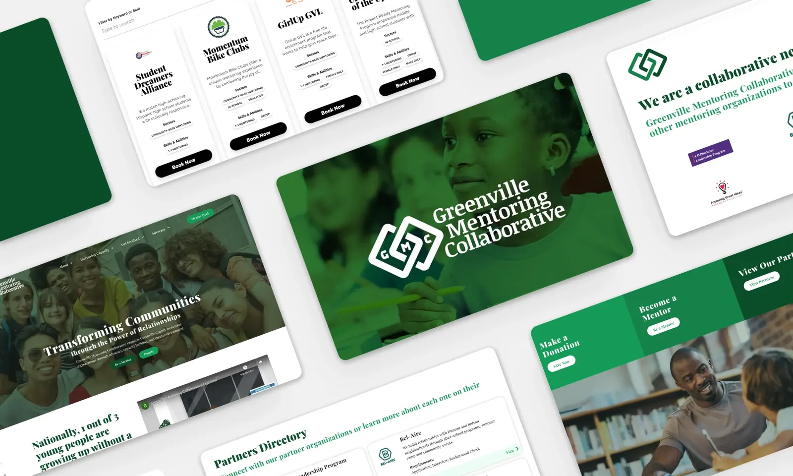Greenville Mentoring Collaborative website pages: partner program cards, Transforming Communities hero and donate and mentor calls