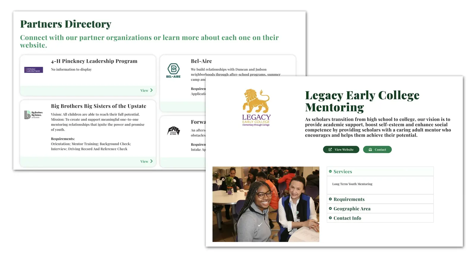 Greenville Mentoring Collaborative partner directory cards and a Legacy Early College Mentoring partner profile page