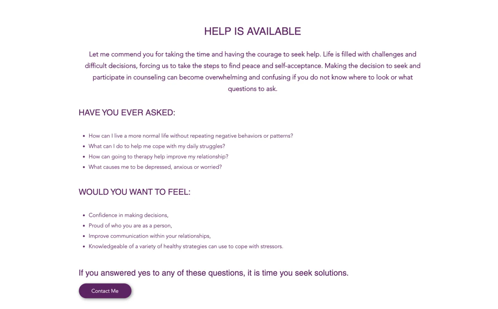 Henegar Counseling Help Is Available section with reflective questions and a Contact Me button