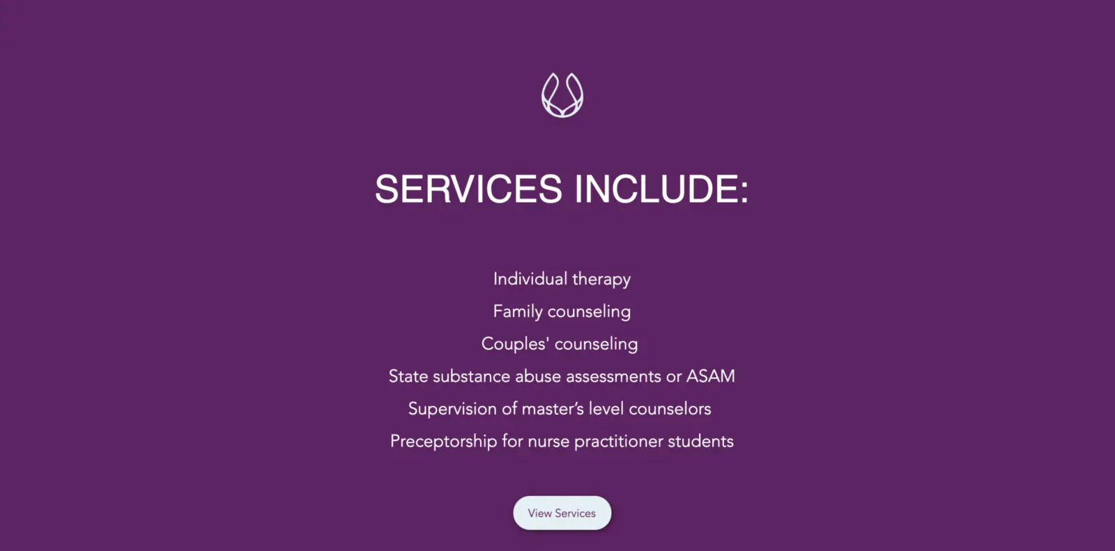 Henegar Counseling services list on purple: individual, family and couples therapy, assessments and supervision