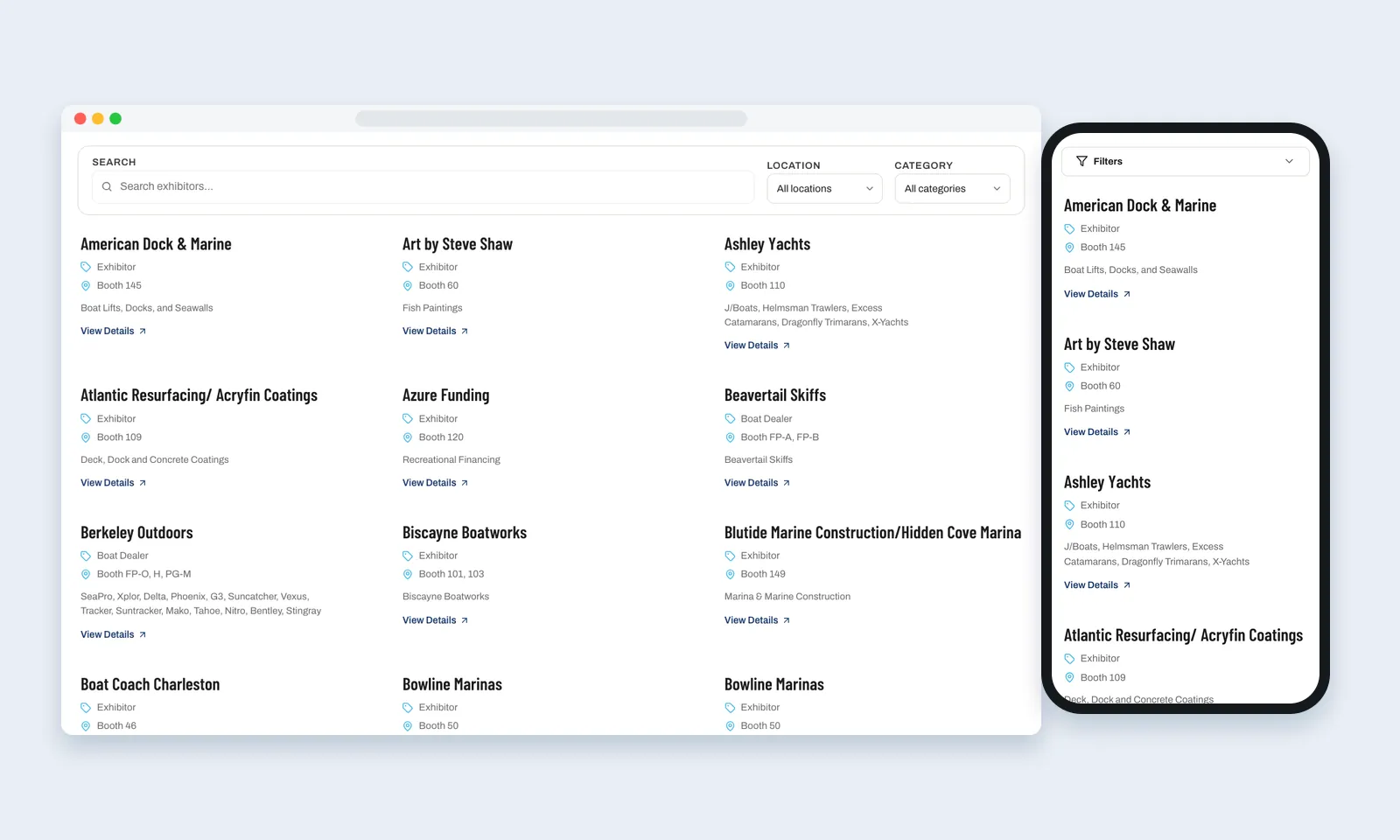 Charleston Boat Show exhibitor directory with search, location and category filters and booth numbers, on desktop and phone