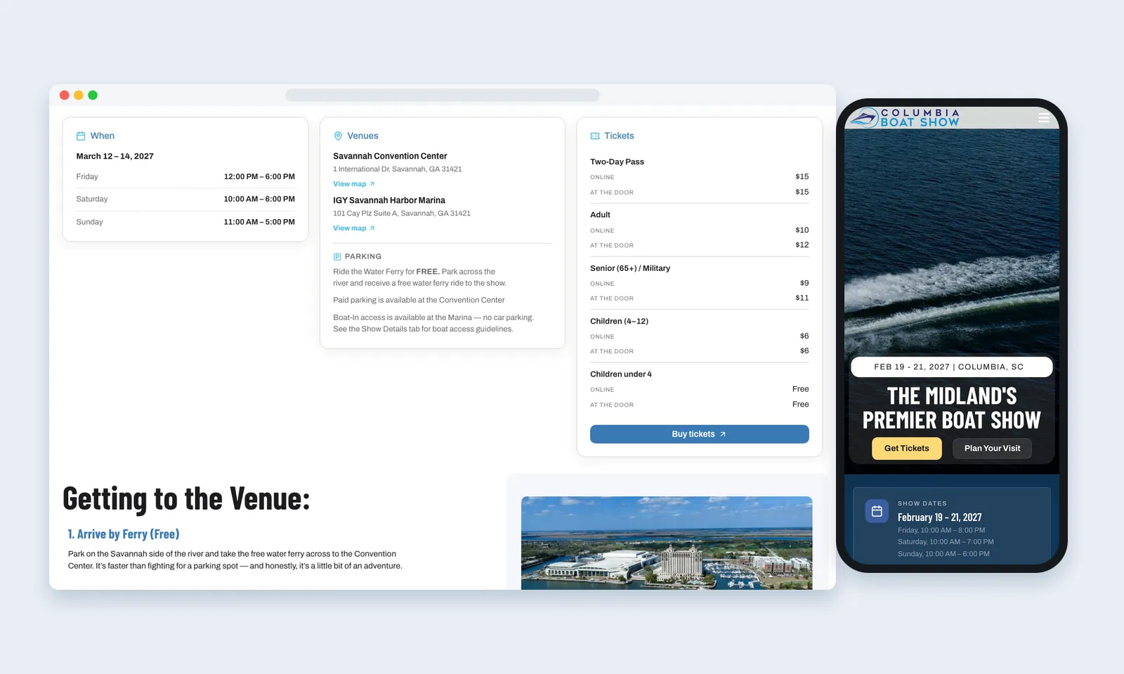 Savannah Boat Show When, Venues and Tickets panels on desktop, beside the Columbia Boat Show home page on a phone