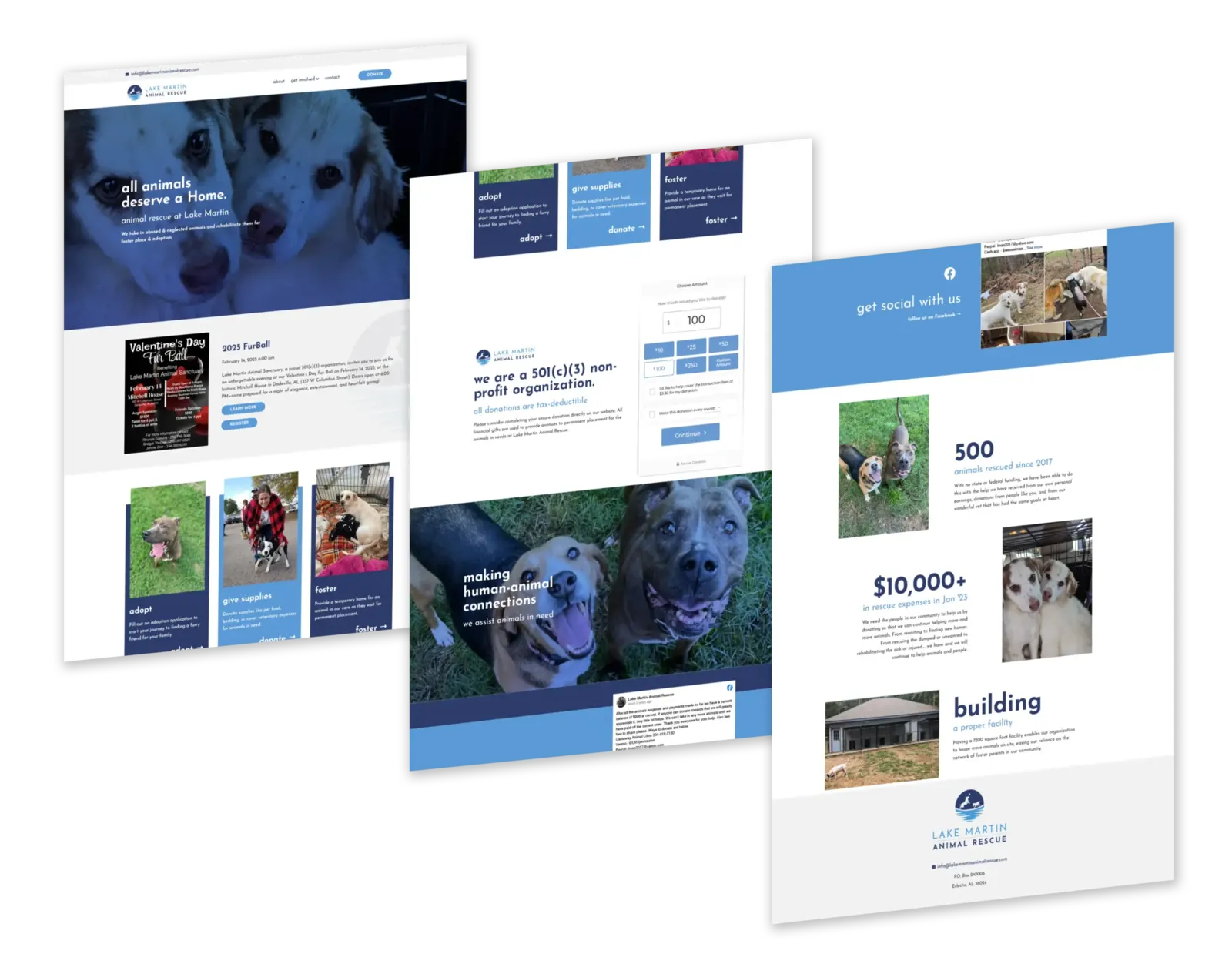 Lake Martin Animal Rescue website pages: adoption hero, FurBall event, donation form, rescue stats and facility update