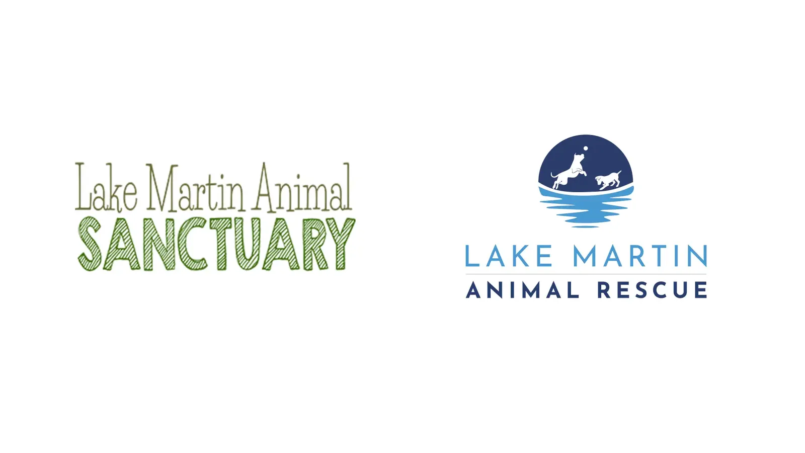 Previous logo: Lake Martin Animal Sanctuary hand-lettered green wordmark beside the new Lake Martin Animal Rescue logo