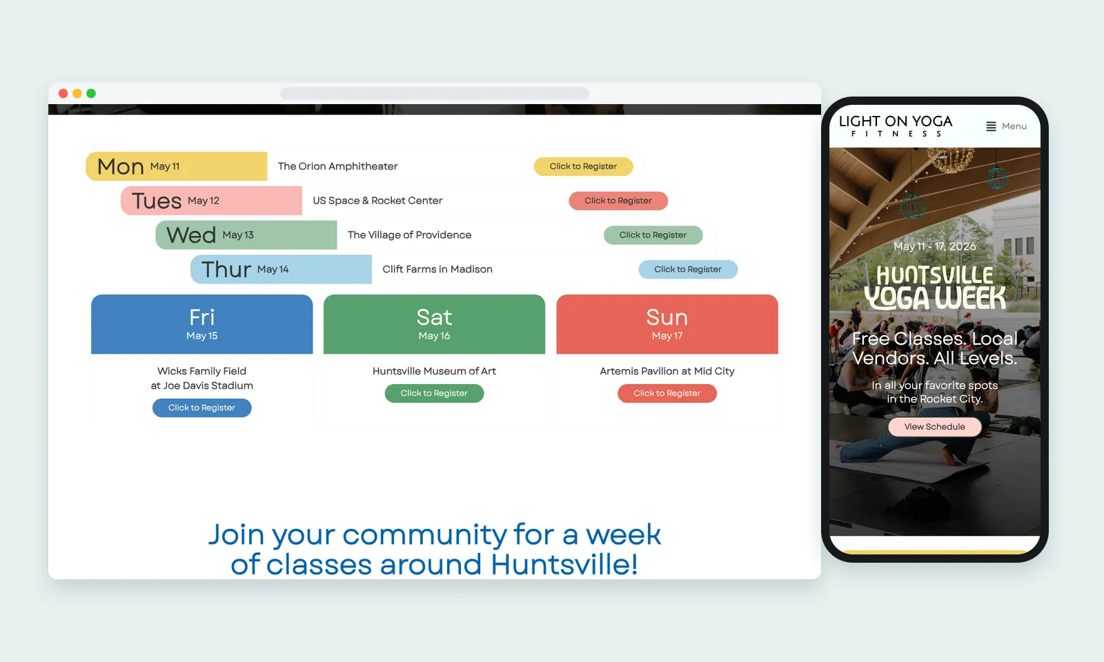 Huntsville Yoga Week 2026 schedule with a color for each day, venue and register button, beside the event hero on a phone