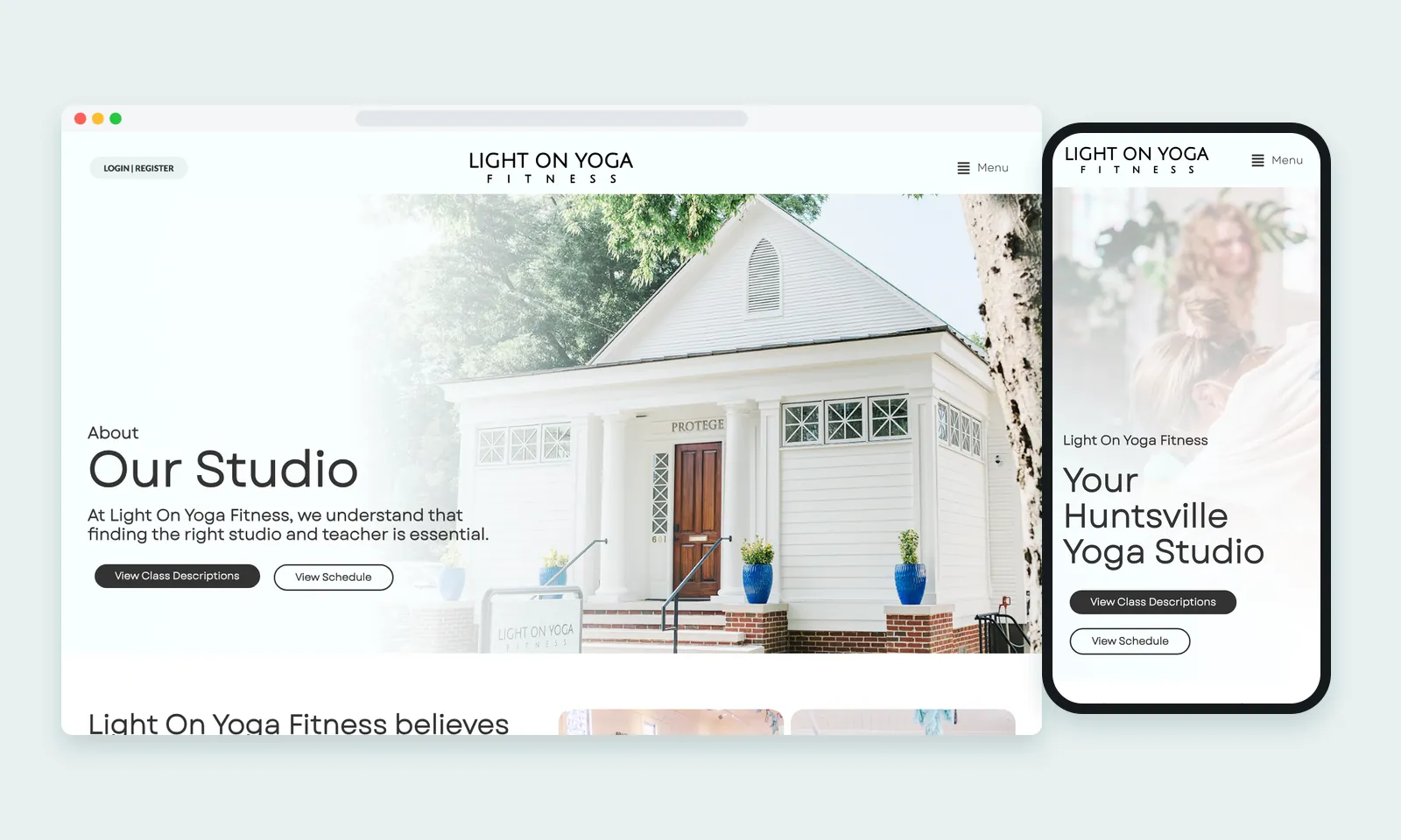 Light on Yoga Fitness About Our Studio page with a photo of the white studio building, beside the homepage on a phone