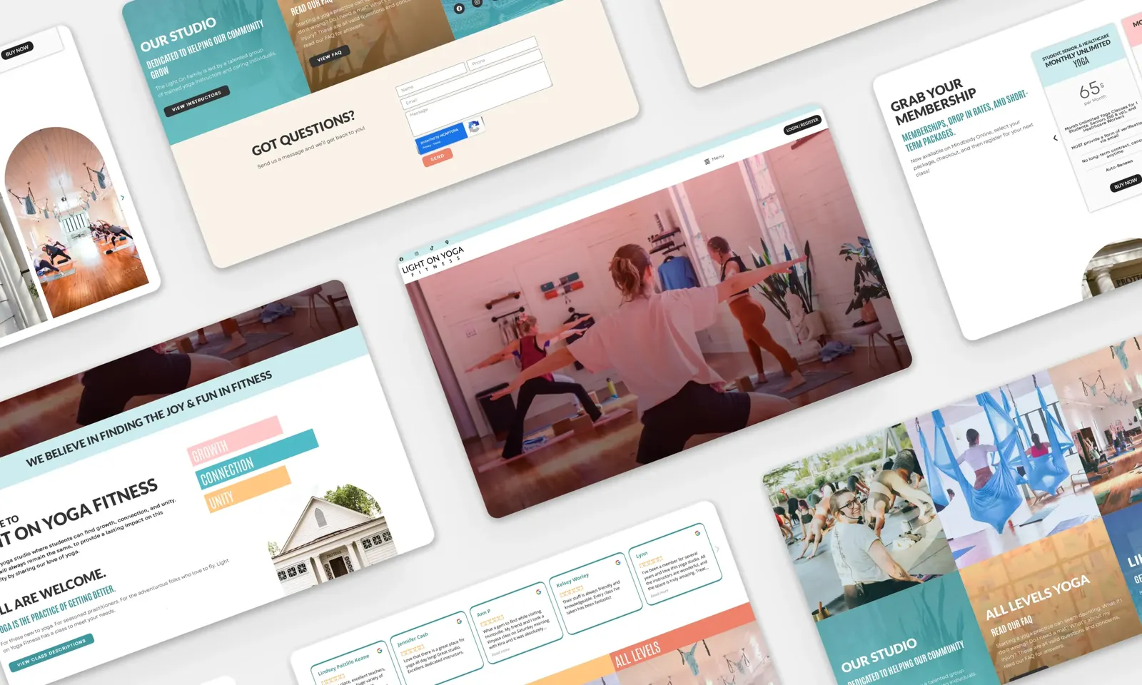 The 2021 Light on Yoga Fitness WordPress site: studio hero, membership options, aerial yoga photos, reviews and contact form