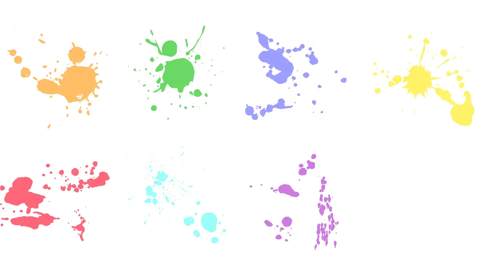 Paint splatter brand elements in orange, green, periwinkle, yellow, coral, aqua and violet for Many Colors Arts Collective