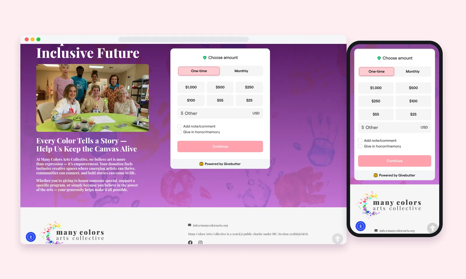 Many Colors donate page on desktop and phone with the GiveButter form for one-time or monthly gifts