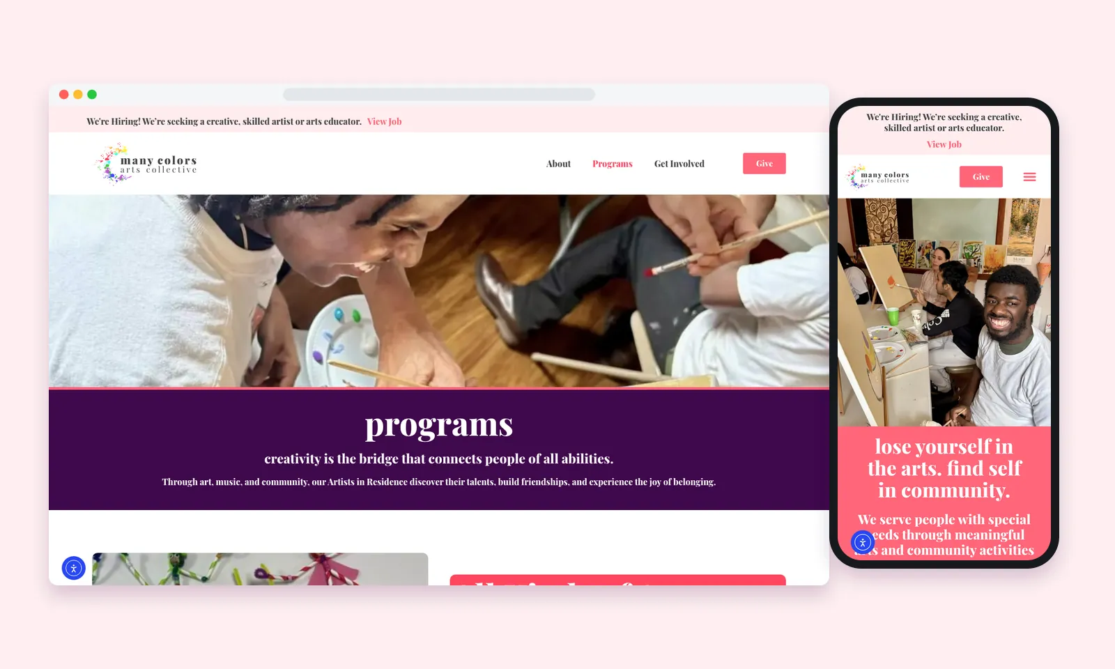 Many Colors Programs page on desktop beside the home page on a phone, showing artists painting together