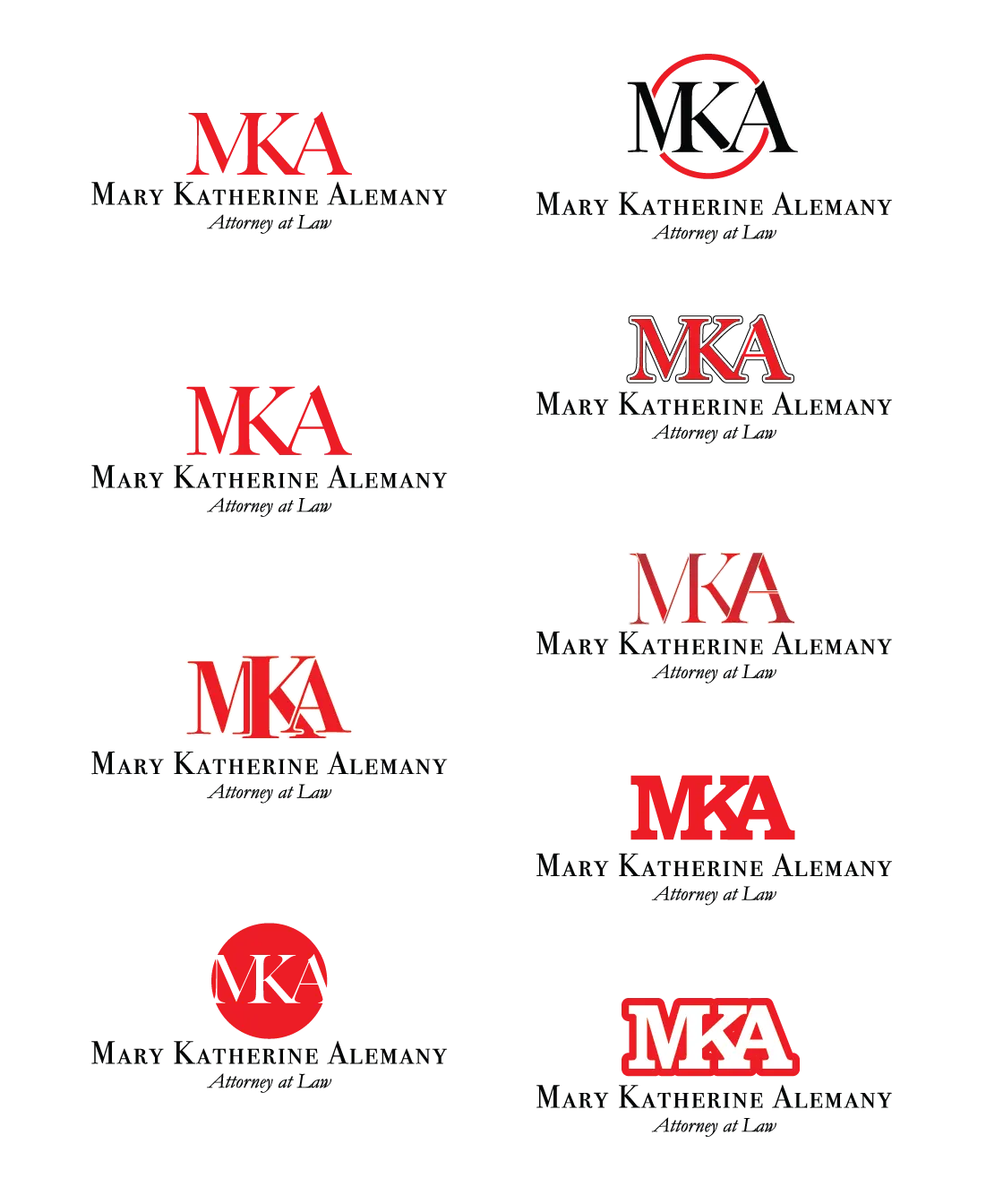 MKA monogram logo concepts in red and black above the Mary Katherine Alemany Attorney at Law name