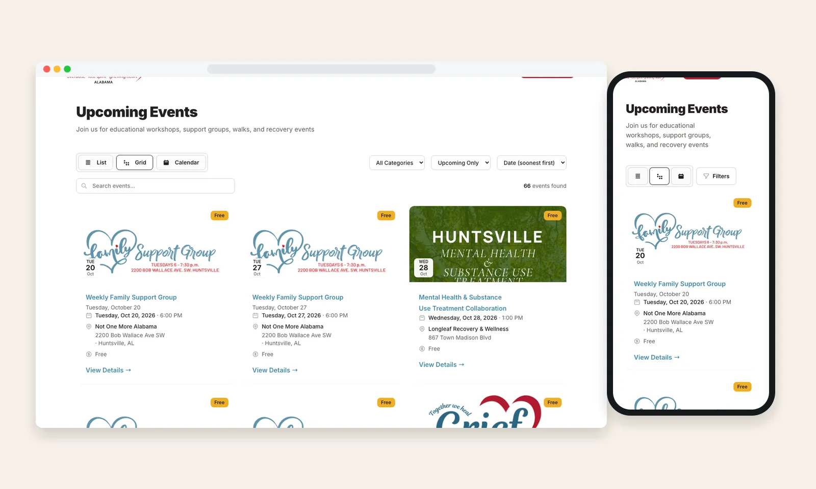Upcoming Events page with list, grid and calendar views and free support group cards, on desktop and phone