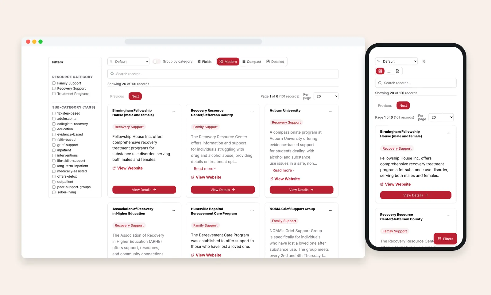 Searchable resource directory with category and tag filters and recovery program cards, on desktop and phone