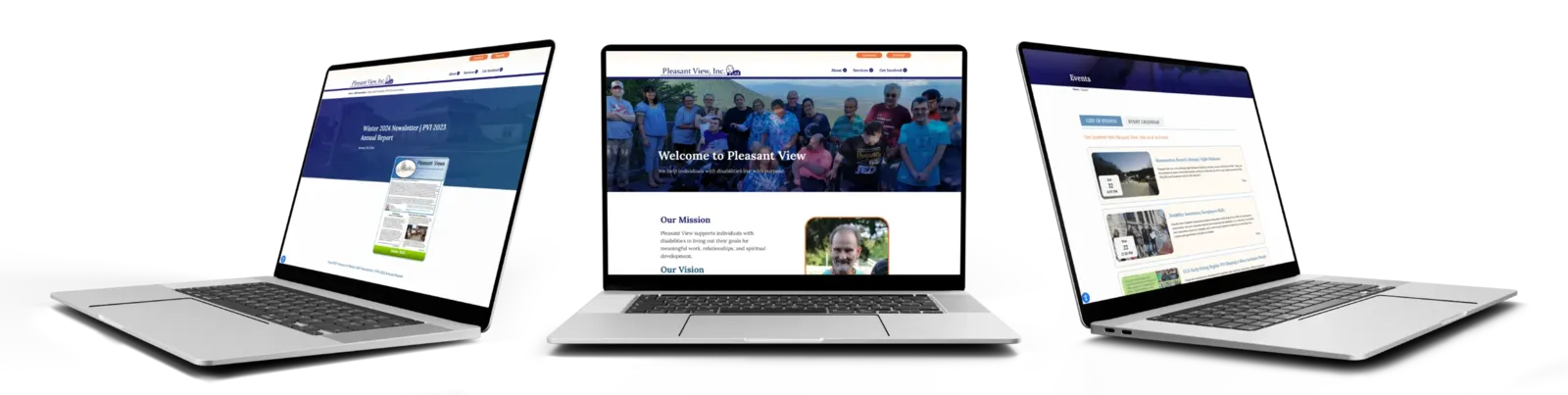 Pleasant View, Inc. site on three laptops: newsletter post, Welcome to Pleasant View homepage and events list