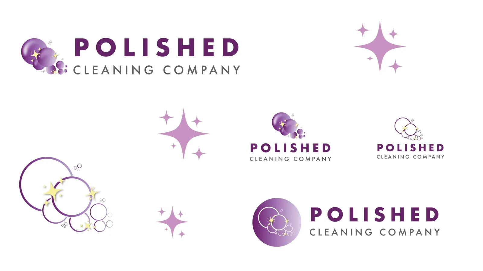 Polished Cleaning Company logo refinements with purple bubbles, sparkle icons and horizontal and stacked lockups