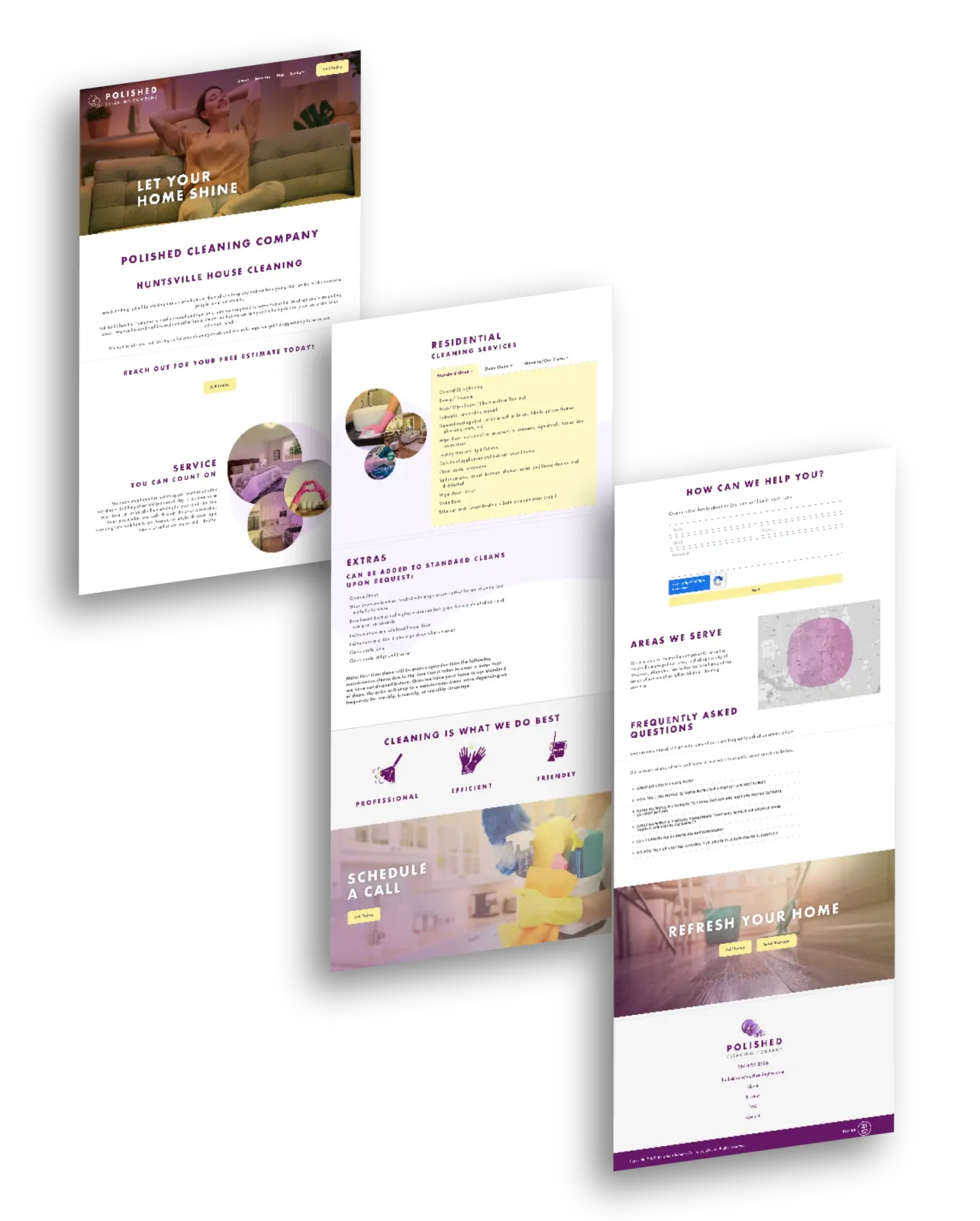 Polished Cleaning Company website: Let Your Home Shine hero, residential services, FAQ, service area map and contact form