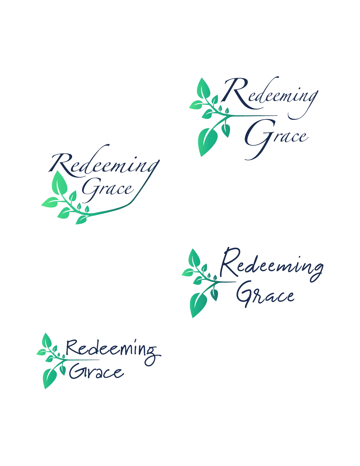 Early Redeeming Grace logo concepts: green leafy branch with navy script lettering in four layouts